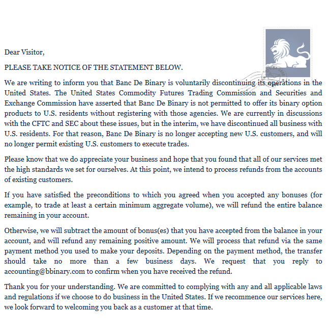 Banc de Binary official statement