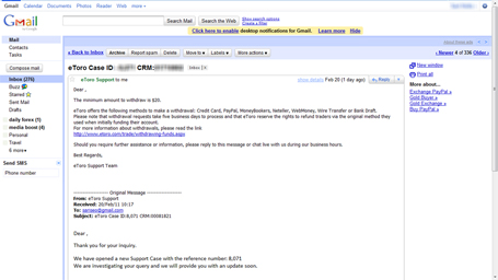 Email from eToro Customer Support Email from eToro Customer Support
