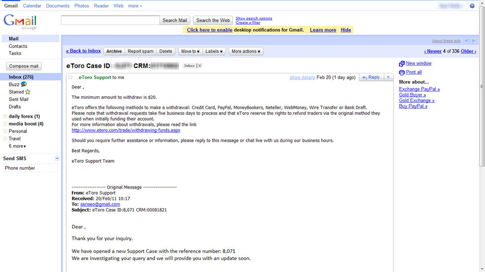 Email von eToro Kundendienst
