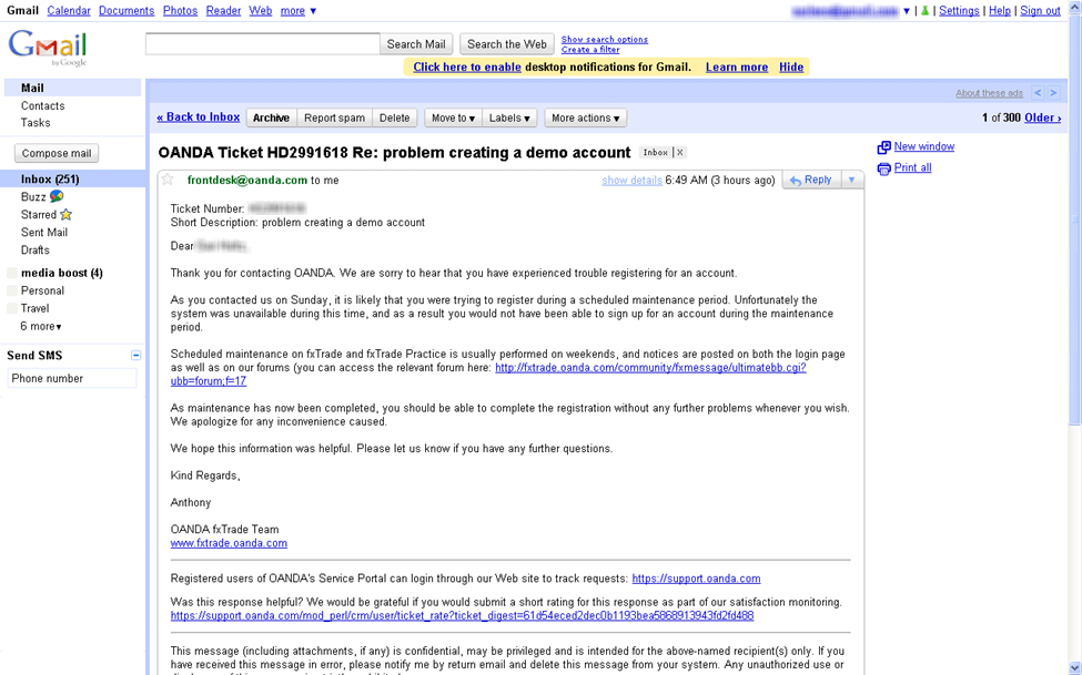 E-Mail-Antwort von OANDA