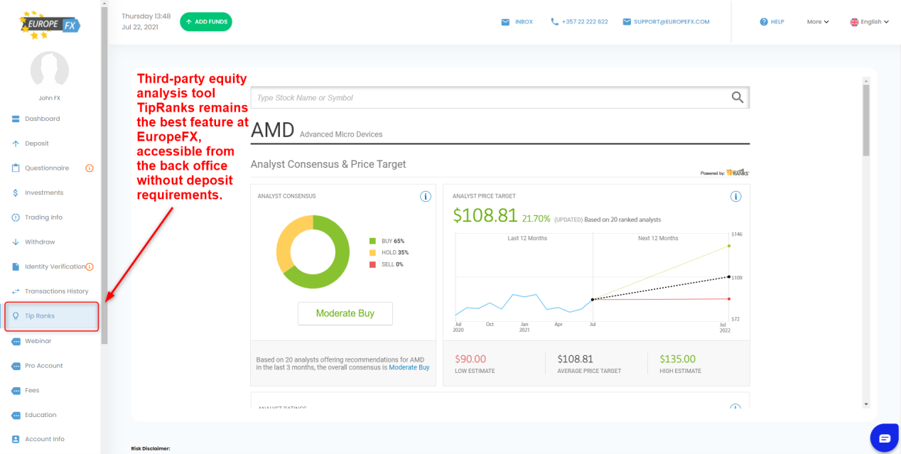Third-party tool TipRanks at EuropeFX