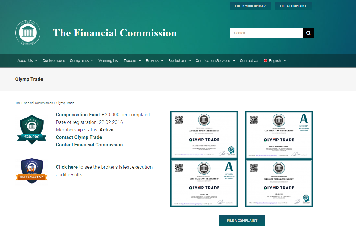 OlympTrade Financial Commission Certificate