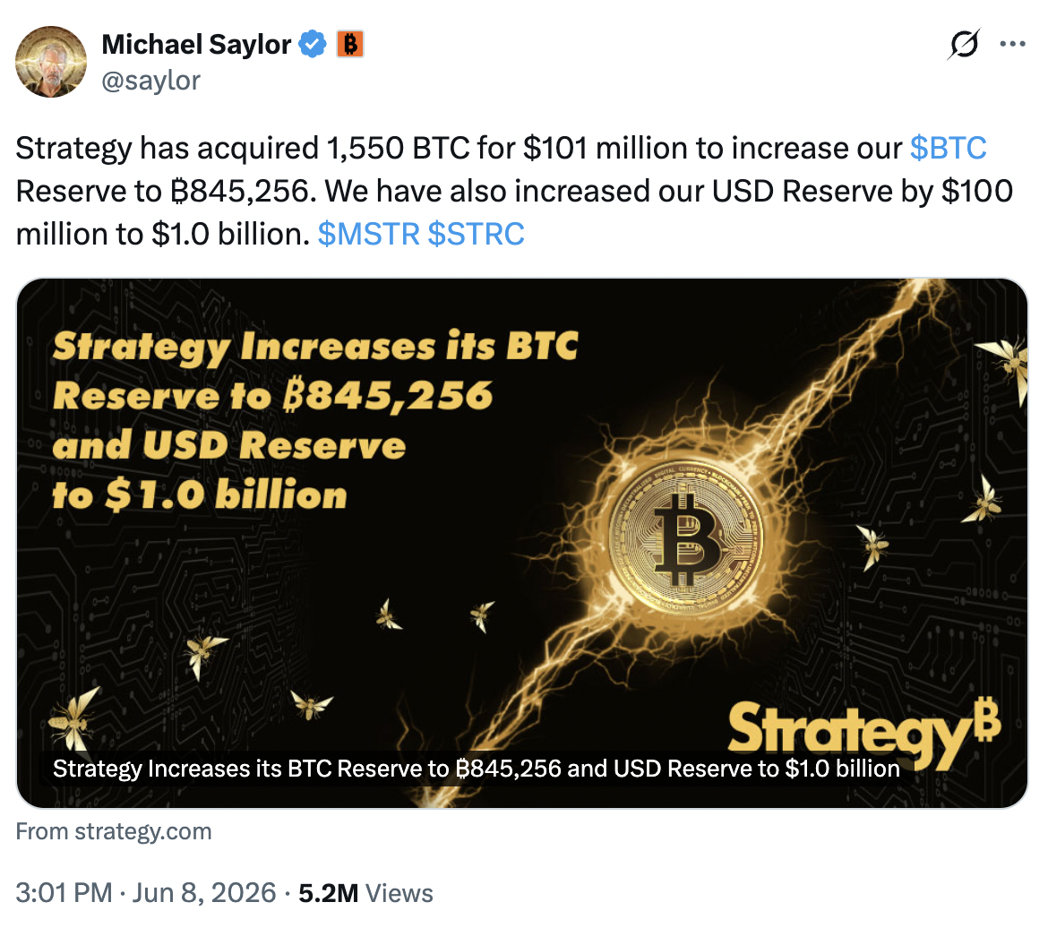 Strategy adds 1,550 BTC. Source: X/Michael Saylor