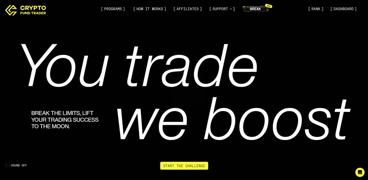 Screenshot of the Crypto Fund Trader (CFT) homepage, a crypto-native prop firm with a Bybit partnership. 