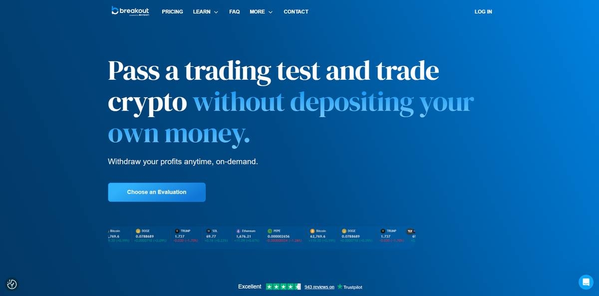 Breakout homepage, the only crypto prop firm owned by US-regulated exchange Kraken. 