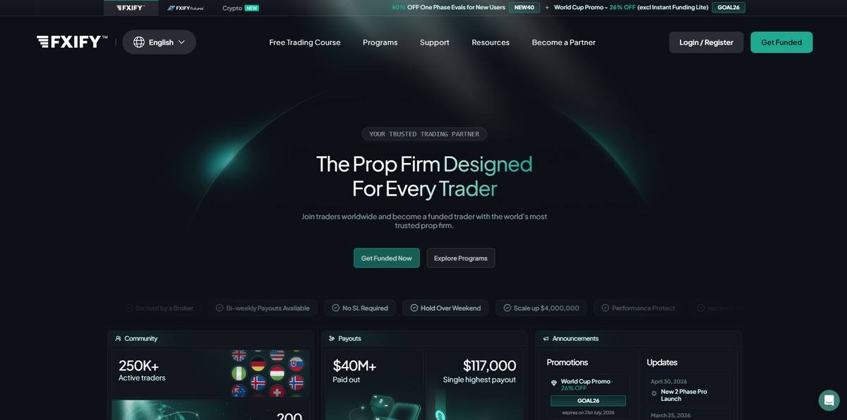 FXIFY homepage, a multi-asset firm with a dedicated 81-pair crypto account. 