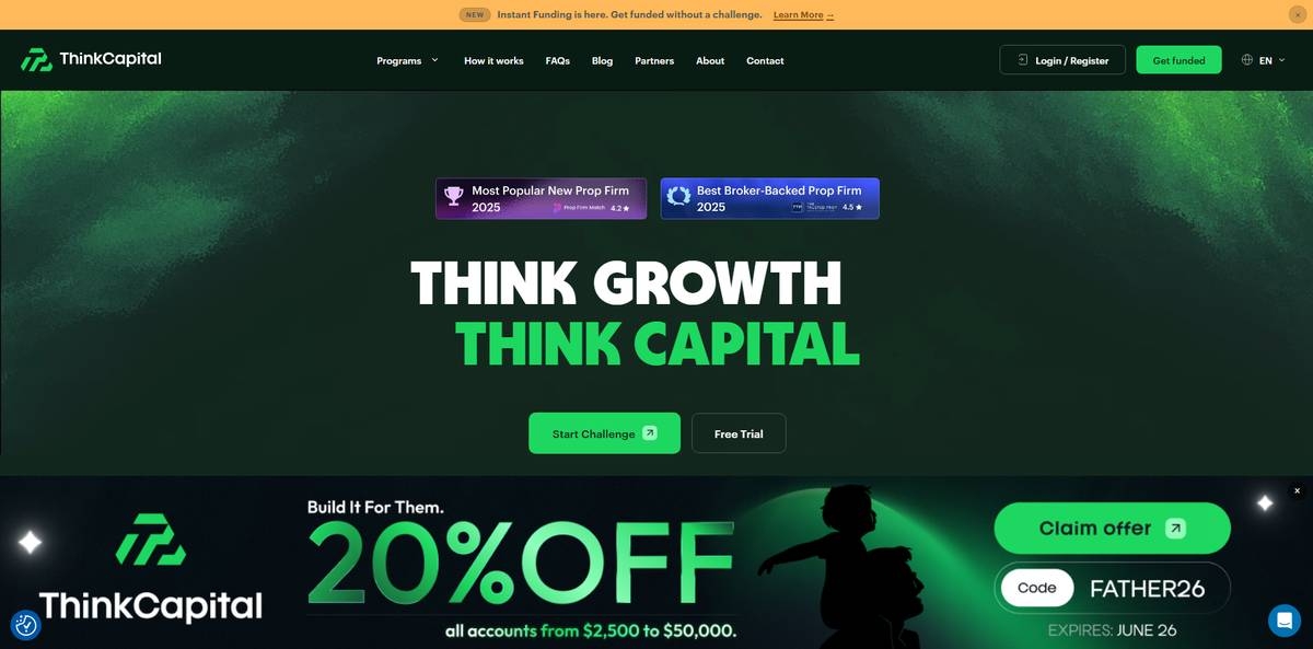 ThinkCapital homepage, a prop firm backed by regulated broker ThinkMarkets. 