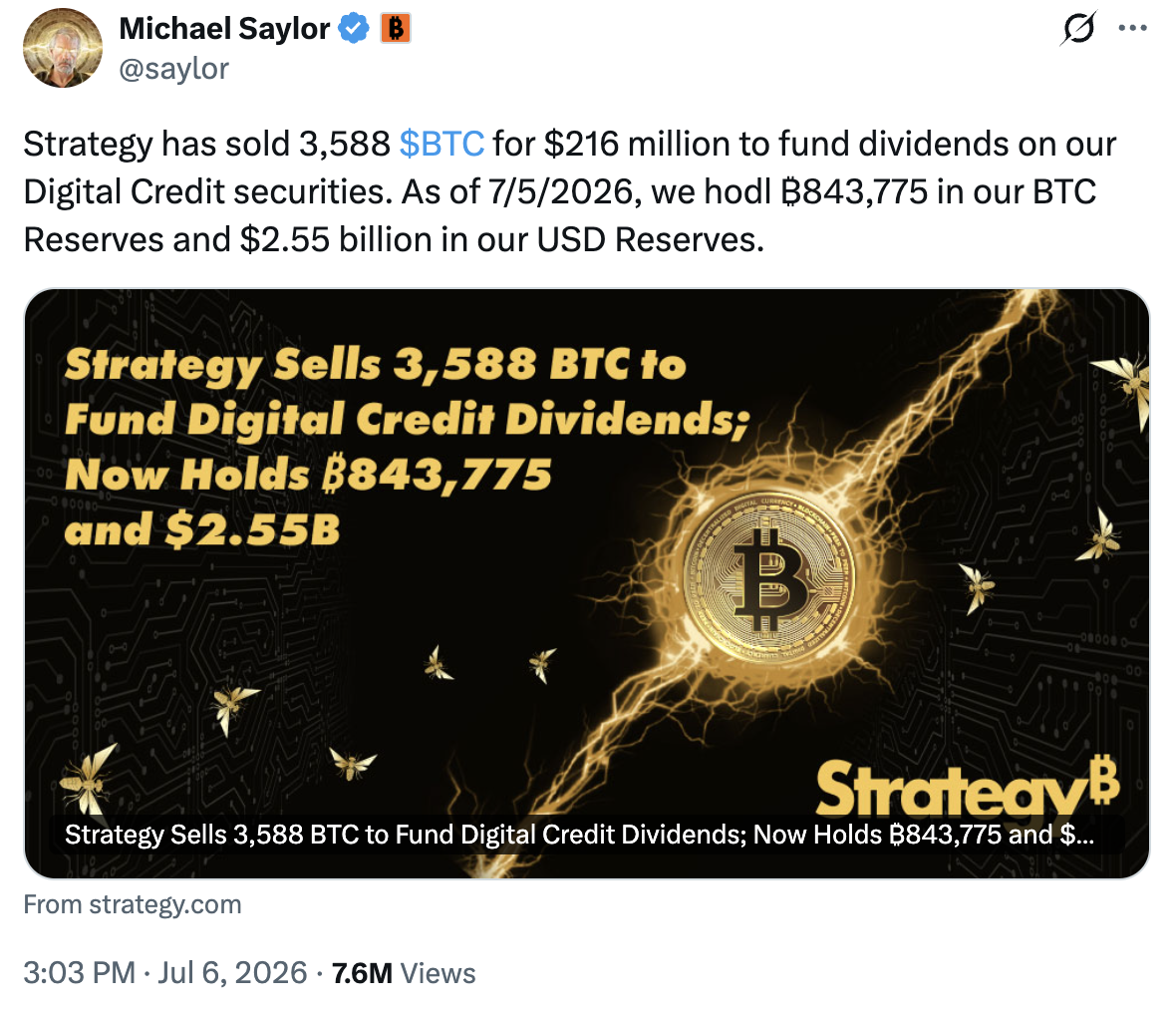 Strategy sells $216M in BTC. Source: Michael Saylor
